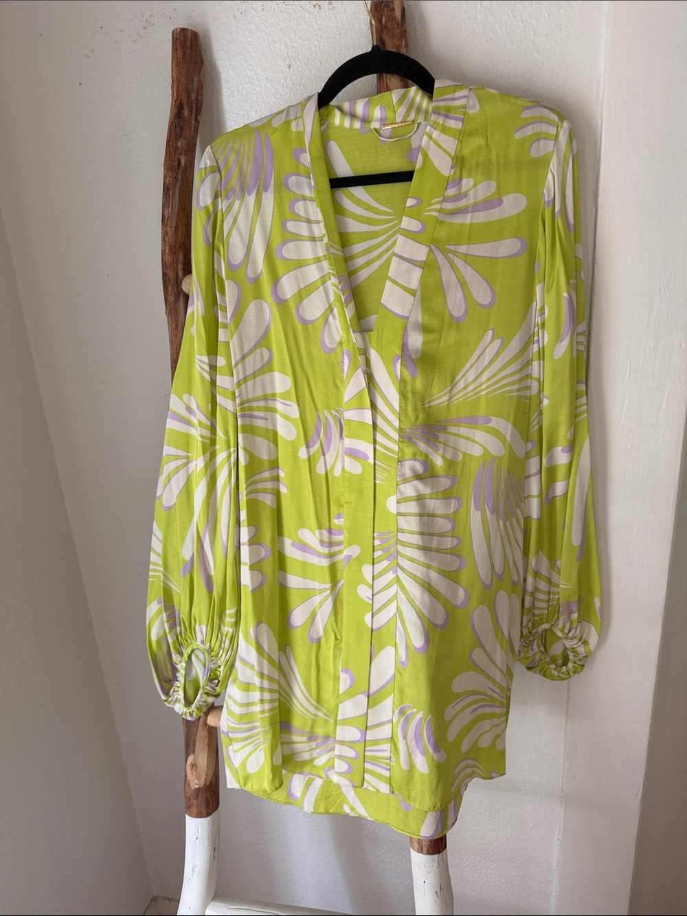 Alexis Lime Chartreuse Green Lilac Ivory Floral Long-Sleeve Flowy Silky Dress S